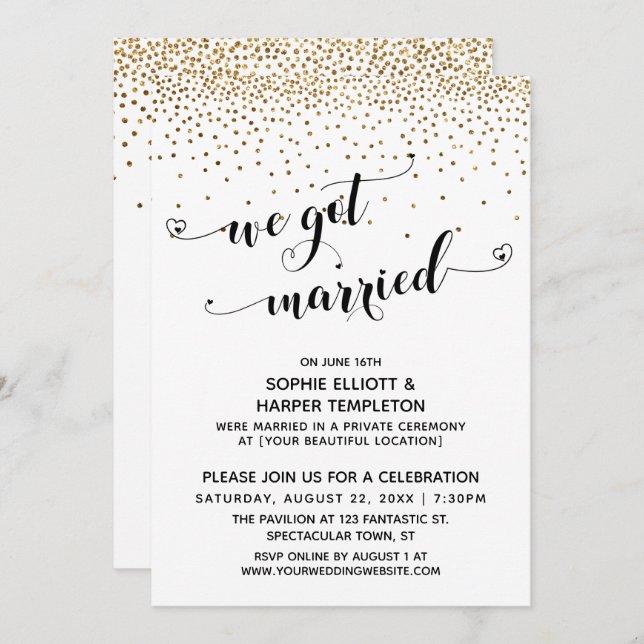 We Got Married Script, Gold Confetti, Reception Invitation (Front/Back)