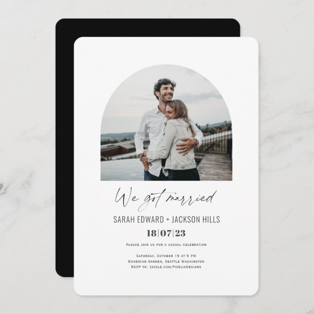we got married Simple Arch Photo elopement Invitation (Front/Back)