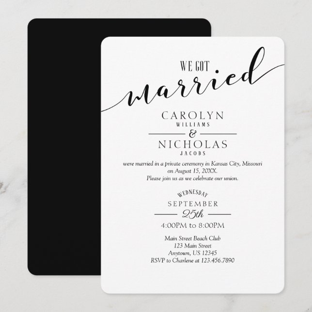 We Got Married Simple Black White Wedding Party Invitation (Front/Back)