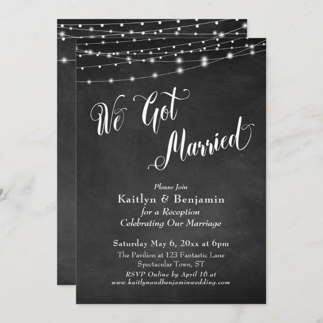 We Got Married Typography Chalkboard String Lights Invitation (Front/Back)