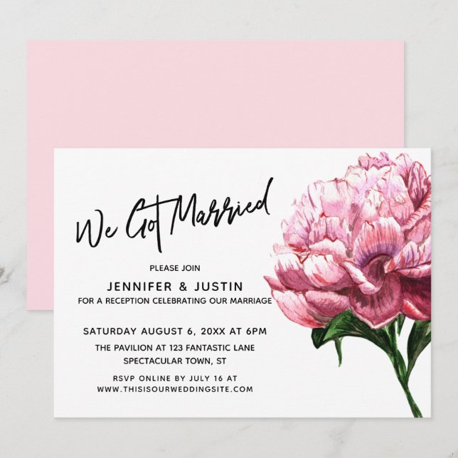 We Got Married Typography, Pink Watercolor Peony Invitation (Front/Back)