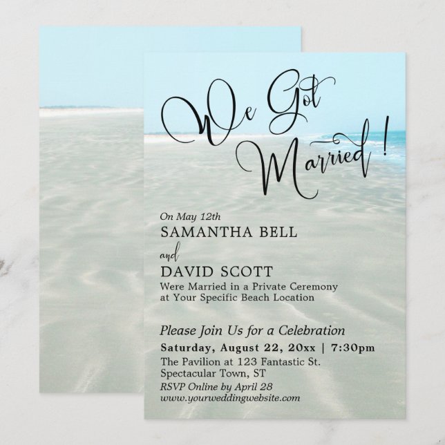We Got Married Typography Rippled Sand Aqua Water Invitation (Front/Back)