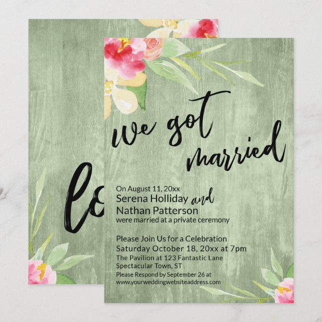 We Got Married Watercolor Flowers & Green Wood Invitation (Front/Back)