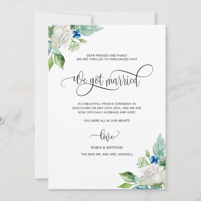 We got Married, White Floral Married Wedding Announcement (Front)