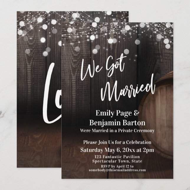 We Got Married Wood Wine Barrel Lights Reception Invitation (Front/Back)