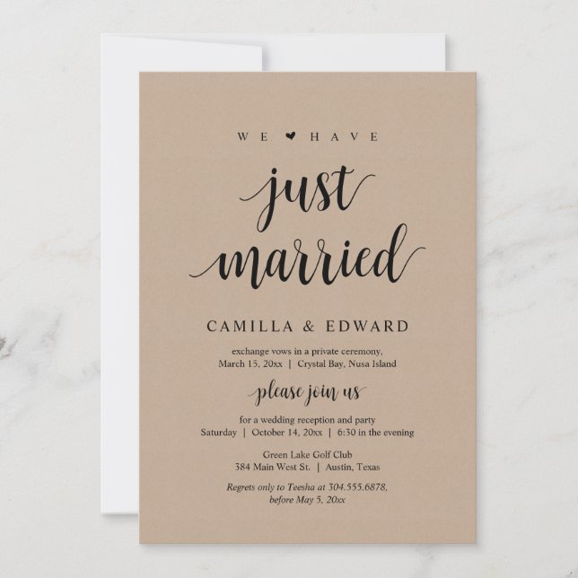 We Have Just Married, Wedding Elopement Party Invi Invitation (Front)