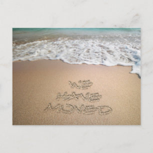 We have Moved Announcement Beach Sand Writing