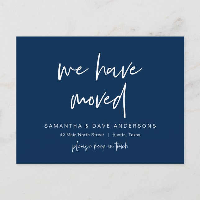 We have moved, Announcement, Modern Navy Blue Postcard (Front)