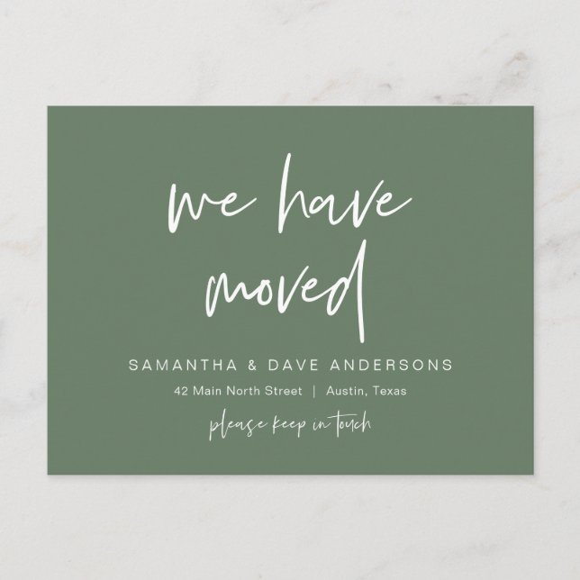 We have moved, Announcement, Modern Sage Green Postcard (Front)