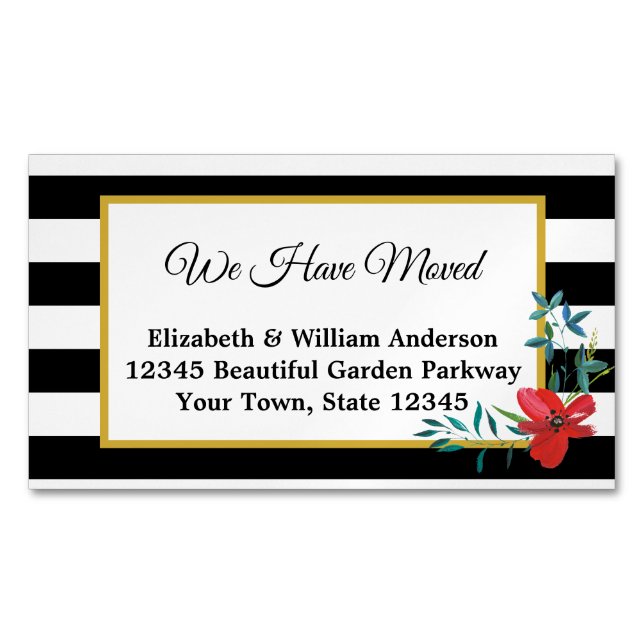 We Have Moved Black and White Striped Red Flower Magnetic Business Card (Front)