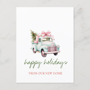 We Have Moved,Blue Truck,Pine Tree Holiday Announcement Postcard
