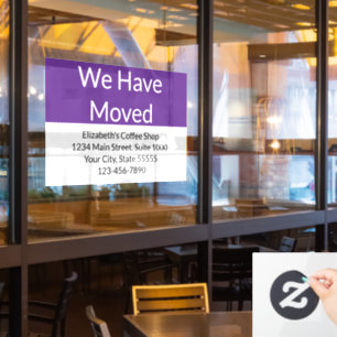 We Have Moved Business Announcement Purple & White Window Cling