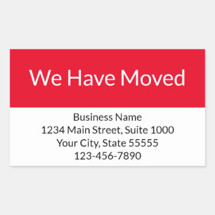 We Have Moved Business Announcement Red and White Rectangular Sticker
