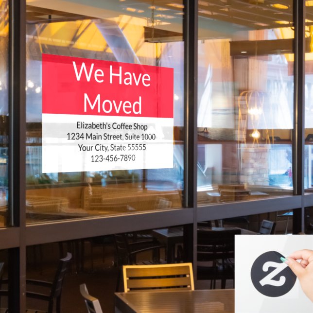 We Have Moved Business Announcement Red and White Window Cling (Restaurant Window)