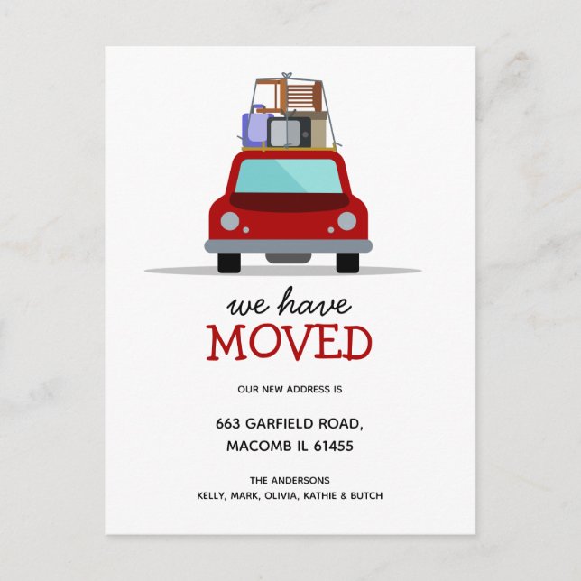 We have Moved Car New Family Address  Announcement Postcard (Front)