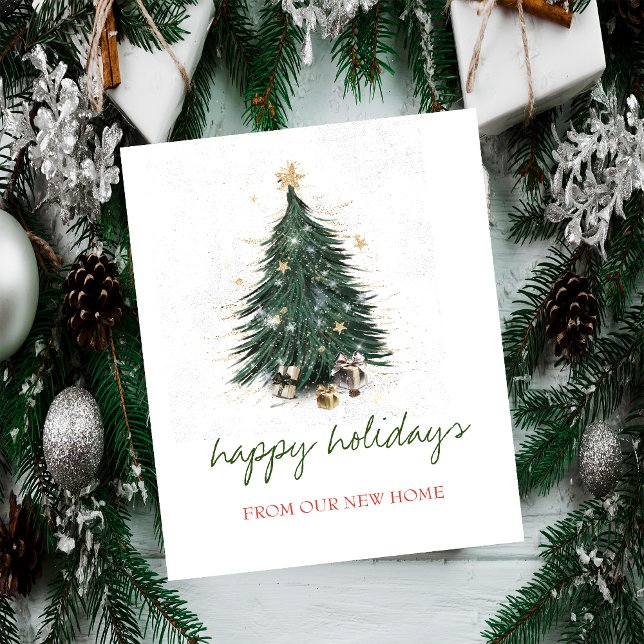 We Have Moved,Christmas Tree Gold Stars Holiday Announcement Postcard (Creator Uploaded)