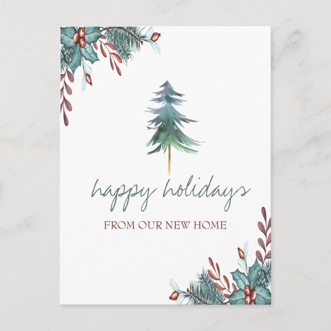 We Have Moved,Christmas Tree Holly Berry Holiday Announcement Postcard (Front)