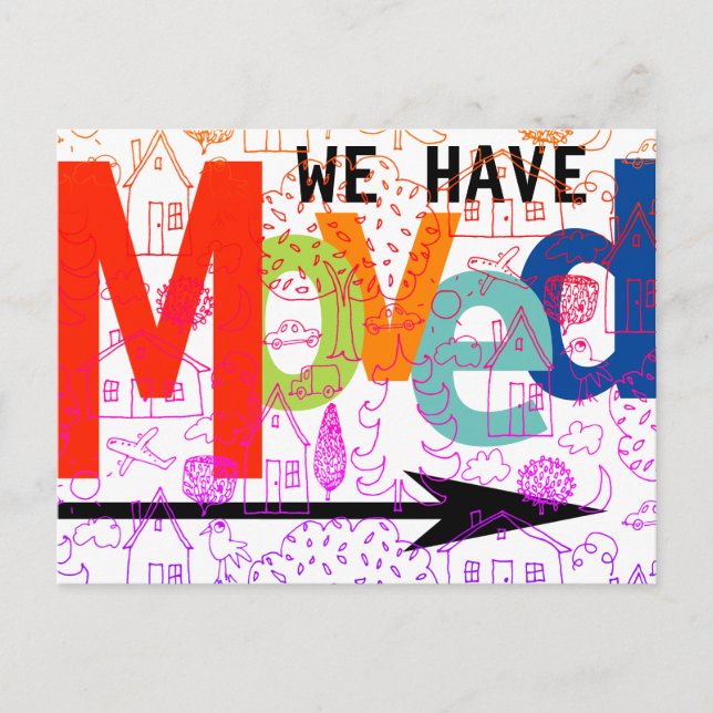 We Have Moved Colourful Typography Town New Addres Announcement Postcard (Front)
