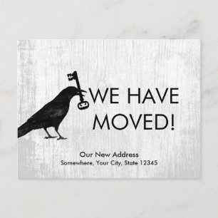 We Have Moved Crow with Key Rustic White Wood Announcement Postcard