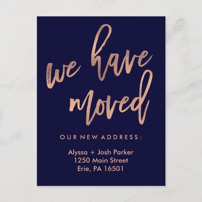 We Have Moved | Faux Rose Gold Modern Typography Postcard (Front)