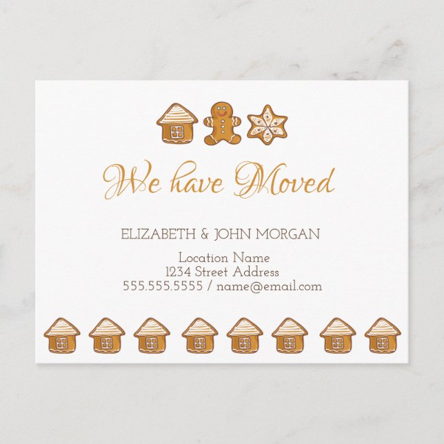 We Have Moved,Gingerbread House,Man,Star Announcement Postcard (Front)