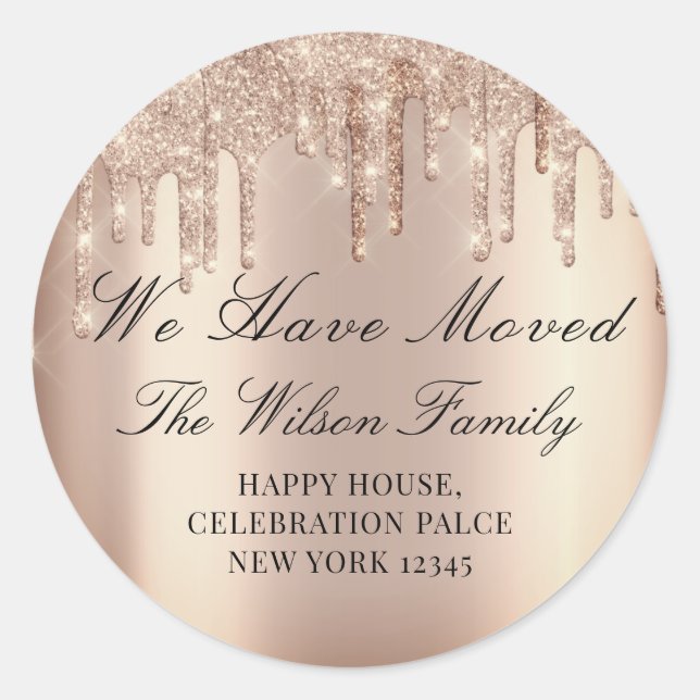 We Have Moved Glitter RSVP Blush Rose Drips  Classic Round Sticker (Front)