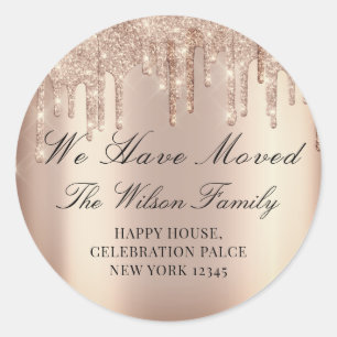 We Have Moved Glitter RSVP Blush Rose Drips  Classic Round Sticker
