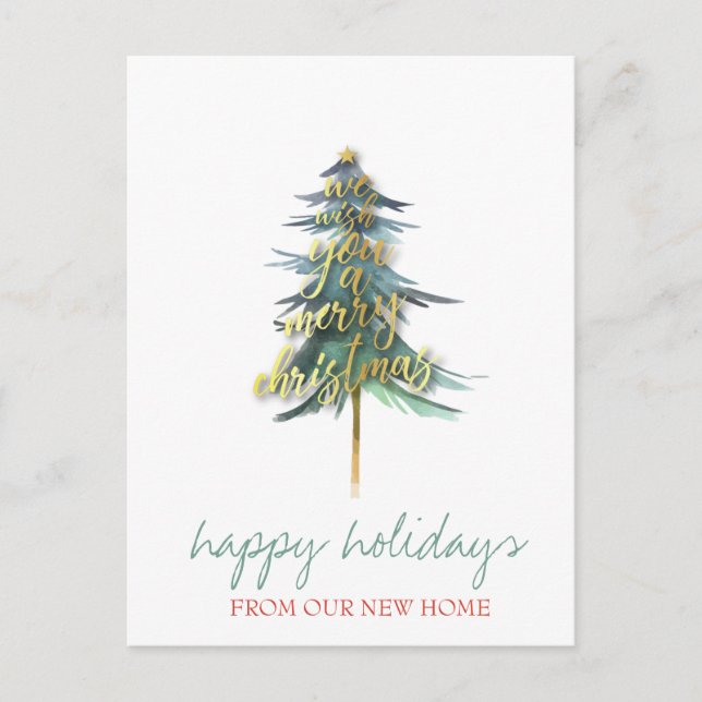 We Have Moved,Gold Christmas Pine Tree Holiday Announcement Postcard (Front)