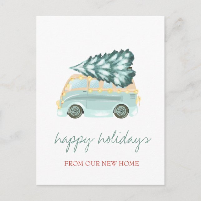 We Have Moved Green Truck Pine Trees, Holiday  Announcement Postcard (Front)