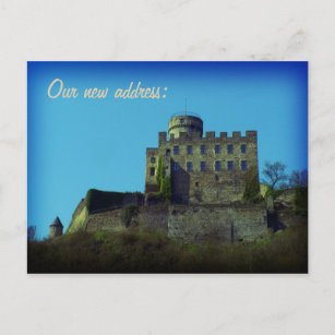 We have moved, New address, mediaeval castle card