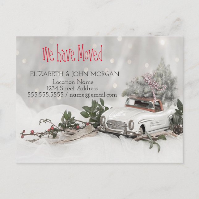We Have Moved,Pine Tree,Car,Snow,New Address Announcement Postcard (Front)