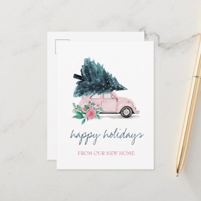 We Have Moved,Pink Car,Christmas Tree Announcement Postcard (Front/Back In Situ)