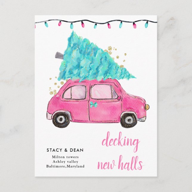We Have Moved Pink Car Christmas Tree New Address Announcement Postcard (Front)