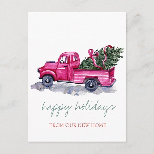 We Have Moved Pink Truck Pine Trees, Holiday  Announcement Postcard (Front)
