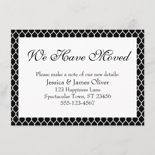 We Have Moved Preppy White Ogee Pattern on Black Enclosure Card (Front)