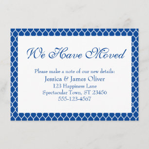 We Have Moved Preppy White Ogee Pattern on Blue Enclosure Card