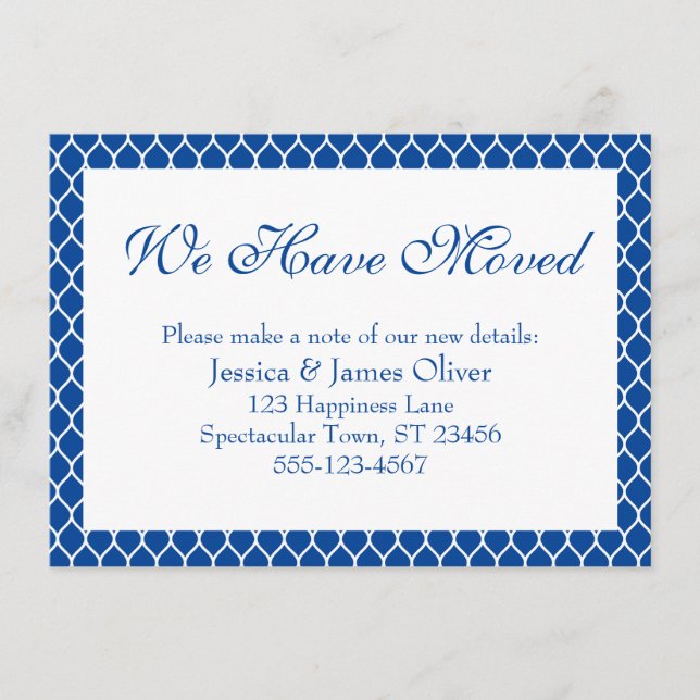 We Have Moved Preppy White Ogee Pattern on Blue Enclosure Card (Front)