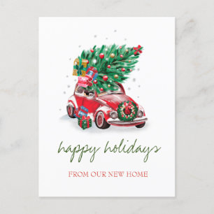 We Have Moved,Red Car,Pine Tree Holiday Announcement Postcard