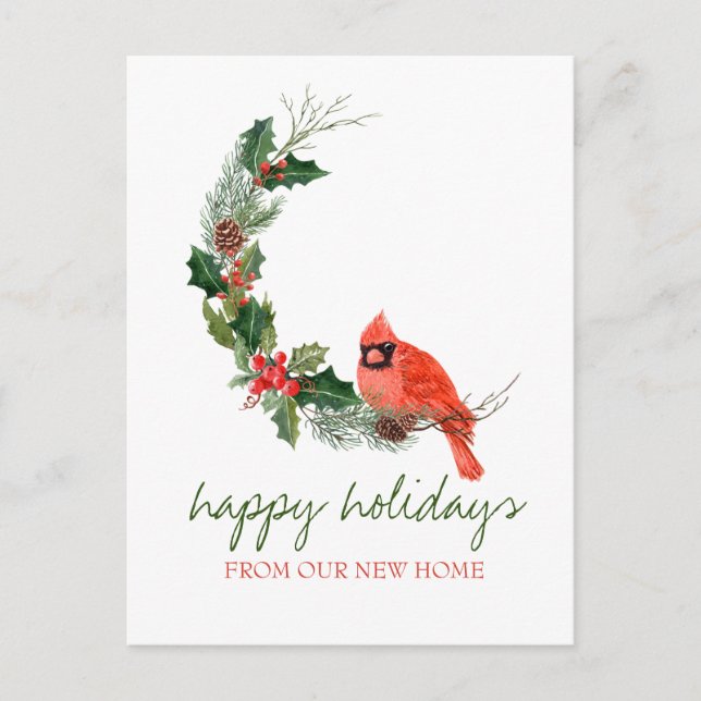 We Have Moved,Red Cardinal Bird Holly Berry Announcement Postcard (Front)