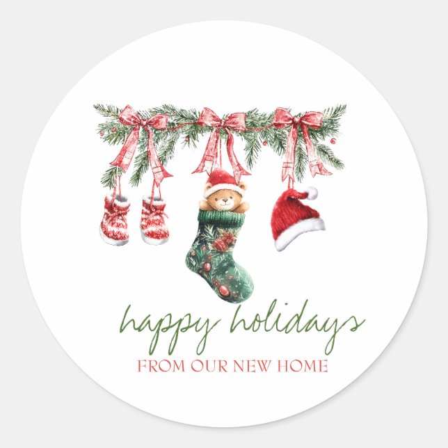 We Have Moved Red Santa Baby Christmas Clothesline Classic Round Sticker (Front)