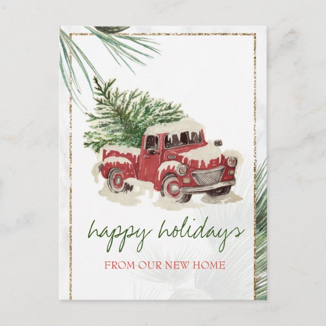 We Have Moved,Red Truck,Pine Tree Snow Holiday  Announcement Postcard (Front)