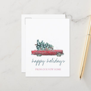 We Have Moved,Retro Car,Christmas Tree Announcement Postcard