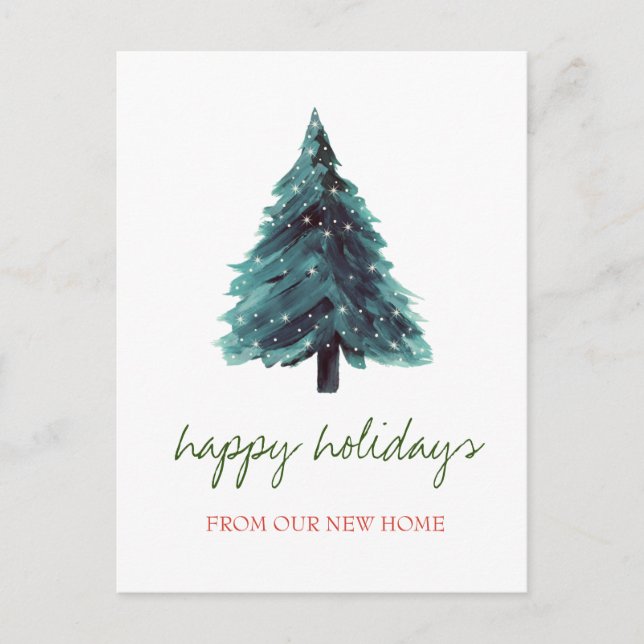 We Have Moved,Watercolor Christmas Tree Holiday Announcement Postcard (Front)