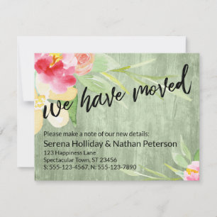 We Have Moved Watercolor Flowers Green Wood Card