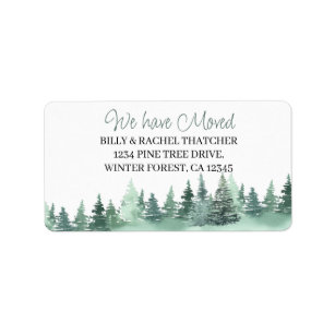 We have Moved Watercolor Green Winter Pine Forest Label