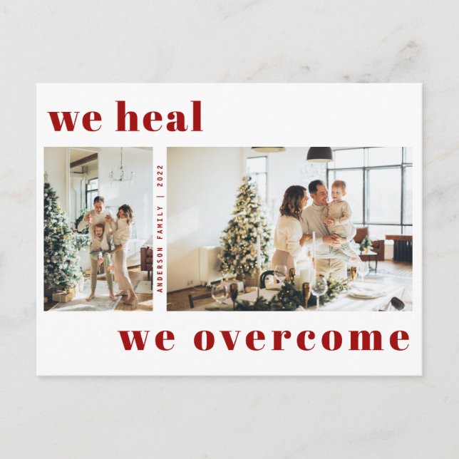 We Heal We Overcome Maroon Christmas Holiday Photo Postcard (Front)
