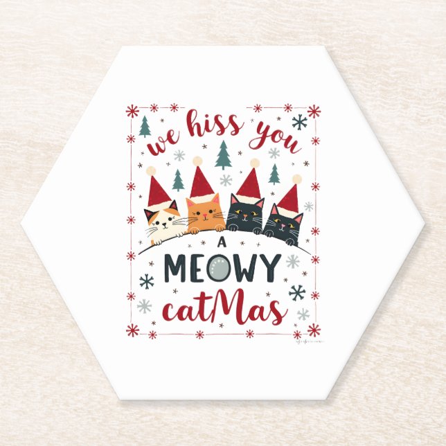 We Hiss You A Meowy Catmas Funny Cat Christmas Ugl Paper Coaster (Front)