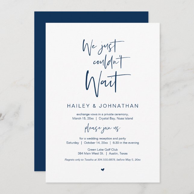 We just could not wait, Navy Blue, Elopement Party Invitation (Front/Back)