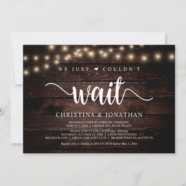 We just couldn't wait, Rustic Elopement Party Invitation (Front)