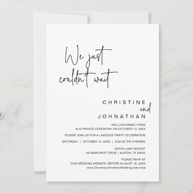 We just couldn't wait, Wedding Elopement Party Invitation (Front)